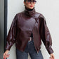 🔥Solange der Vorrat reicht 50 % Rabatt!🎉Schwarze Kunstlederjacke mit Stehkragen, übergroße Motorradjacke