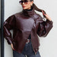 🔥Solange der Vorrat reicht 50 % Rabatt!🎉Schwarze Kunstlederjacke mit Stehkragen, übergroße Motorradjacke