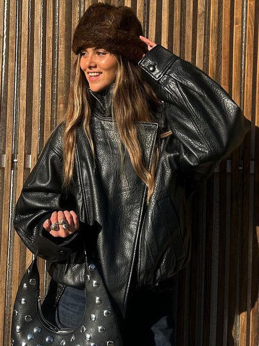 🔥Solange der Vorrat reicht 50 % Rabatt!🎉Schwarze Kunstlederjacke mit Stehkragen, übergroße Motorradjacke