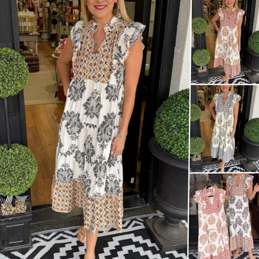 Elegantes, ärmelloses Kleid mit Rüschen und Print für Damen