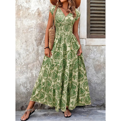 🔥Solange der Vorrat reicht 45 % Rabatt!🎉Damen Maxikleid mit V-Ausschnitt, Blumenmuster und geraffter Taille