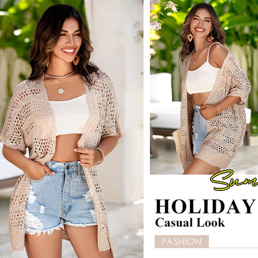 🧥 50% RABATT! 🌸 Damen Cardigan-Weste mit Kurzarm & Lochmuster – Leicht, Lässig & Perfekt Für Kühle Sommerabende Oder Frische Tage ☀️