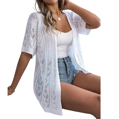 🧥 50% RABATT! 🌸 Damen Cardigan-Weste mit Kurzarm & Lochmuster – Leicht, Lässig & Perfekt Für Kühle Sommerabende Oder Frische Tage ☀️