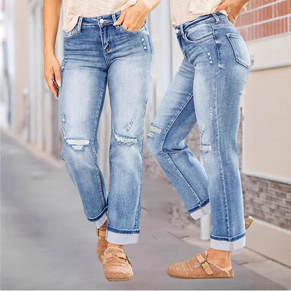 🌞Bequeme lässige Jeans für Damen, gerades Bein & trendige Rissoptik