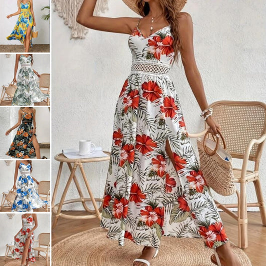 👗🌸 50% RABATT! Fließendes Kleid mit Blumenmuster und hohem Schlitz für Damen mit Spaghettiträgern – Romantisch, lässig & perfekt für den Sommer ✨
