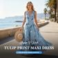 🌼 Elegantes V-Ausschnitt Maxikleid mit Tulpenprint – Zeitlos, feminin, leicht & luftig.