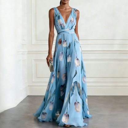 🌼 Elegantes V-Ausschnitt Maxikleid mit Tulpenprint – Zeitlos, feminin, leicht & luftig.