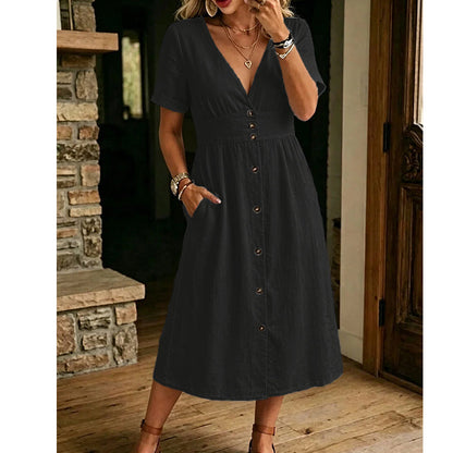 ✨Neue Sonderangebote-Sommerkleid für Damen mit V-Ausschnitt und Knopfleiste