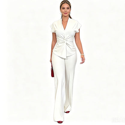 🌞NEU: Sommerkollektion mit bis zu 40% Rabatt 🛍️Women's Elegant V-Neck Top & Wide-Leg Pants Set