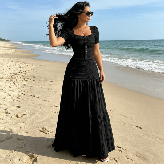 👗 ✨ Frauen Kleidungs-Set mit eckigem Ausschnitt & Maxirock – Elegant, luftig & zeitlos 🌸