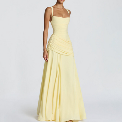 🌞 50 % RABATT AKTUELL GÜLTIG! ✨ Gelbes drapiertes Abend-Maxikleid – Schmeichelnde Taillierung, weich fallendes Material und edler Look für Partys & Urlaub 🌟