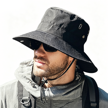 🧢 ☀️ Outdoor-Sonnenhut mit breiter Krempe & Kinnriemen – Leicht, schützend & perfekt für Strand und Wandern 🏖️ 🥾