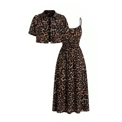 Damen Leopardenmuster Zweiteiliges Kleid-Set