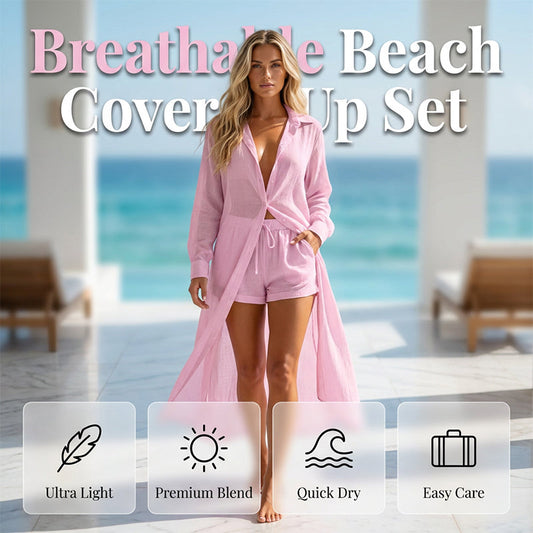 👗✨ Elegantes Damen Chiffon-Set – Transparente Langarm-Strickjacke & Highwaist-Shorts | Ultraleicht, Atmungsaktiv & Perfekt für Urlaub, Strand & Resort!