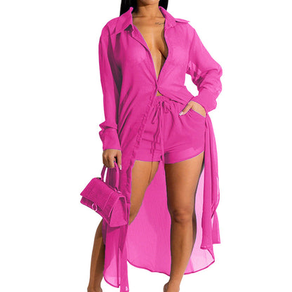 👗✨ Elegantes Damen Chiffon-Set – Transparente Langarm-Strickjacke & Highwaist-Shorts | Ultraleicht, Atmungsaktiv & Perfekt für Urlaub, Strand & Resort!
