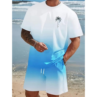 ⏰ 50 % RABATT – Nur für kurze Zeit ✨👕 2-teiliges Sommer-Set für Herren – Kurzarm-Shirt & Shorts mit Palmen-Print & Farbverlauf, atmungsaktiv, bequem & perfekt für Strand, Urlaub & Alltag 🌴🌅