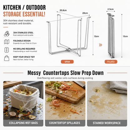 📢📢50% OFF !! ⏰Foldable 304 Stainless Steel Trash Bag Holder Stand for Kitchen and Outdoor Storage
